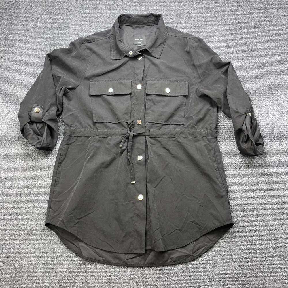 Love Tree Utility Military Safari Jacket Black Drawstring Waist Snap Front Coat